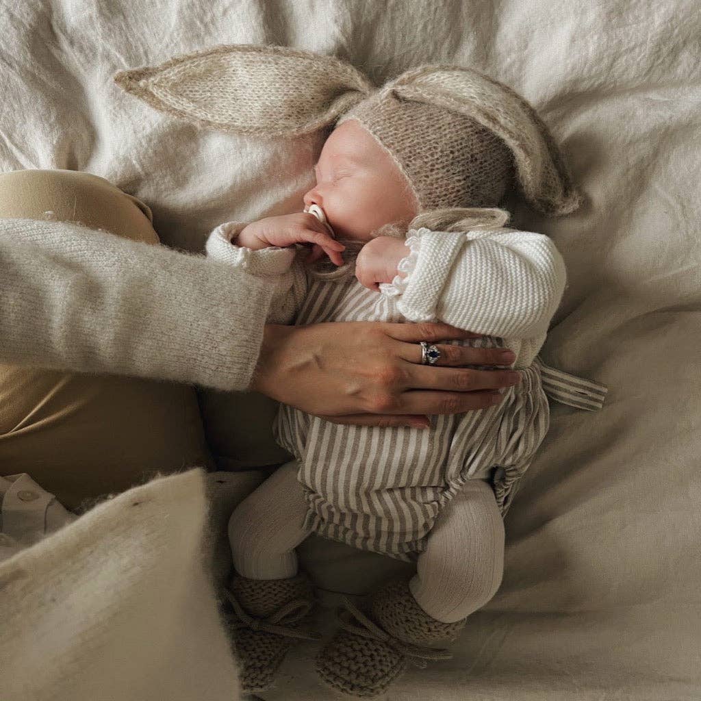 Charlie Romper in Oatmeal Stripes