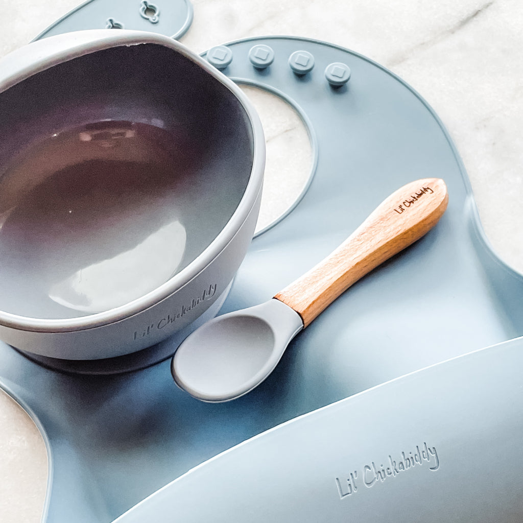 Dusty Blue Silicone Bib Bowl and Spoon Feeding Set