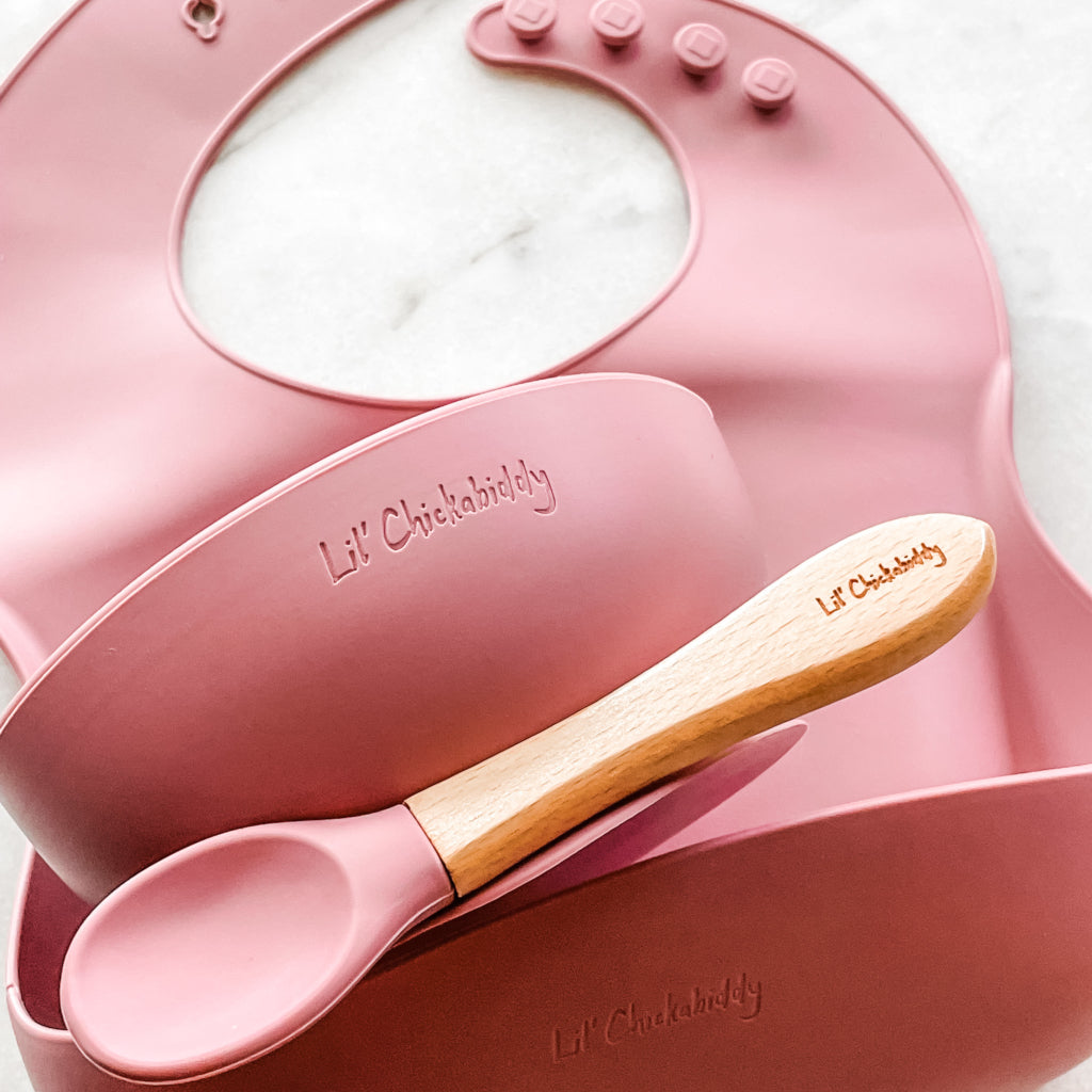 Rose Silicone Bib Bowl and Spoon Feeding Set