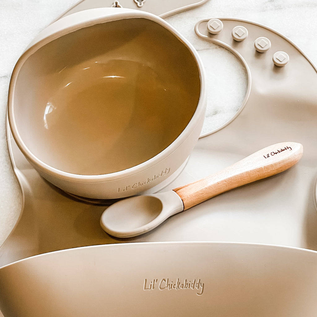 Beige Silicone Bib Bowl and Spoon Feeding Set
