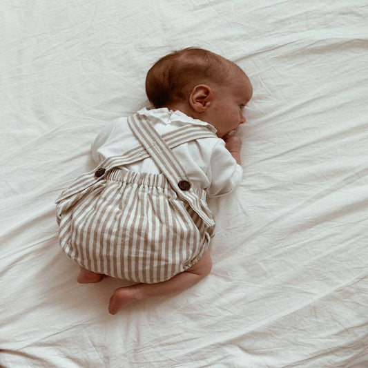 Charlie Romper in Oatmeal Stripes